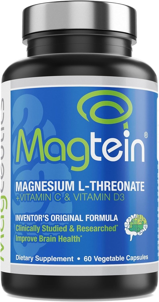 Magtéin - Supplément L-Thréonate Magnésium, Mémoire, Focus, Sommeil et Santé du cerveau Formule pour les hommes et les femmes, Soutien cognitif pour les adultes, Recherche clinique - 60 gélules