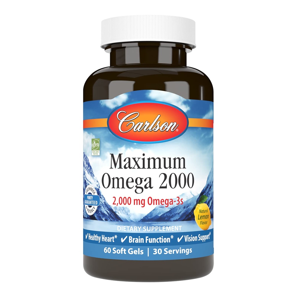 Carlson - Maximum Omega 2000, 2000 mg Omega-3 Acides gras incluant EPA et DHA, Wild-Caught, Supplément d'huile de poisson norvégien, Capsules d'huile de poisson à source durable, Citron, 60 Softgels