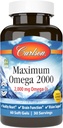 Carlson - Maximum Omega 2000, 2000 mg Omega-3 Acides gras incluant EPA et DHA, Wild-Caught, Supplément d'huile de poisson norvégien, Capsules d'huile de poisson à source durable, Citron, 60 Softgels