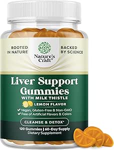 Natures Artisanat Nettoyant Foie Detox Gummies Foie Soutien Lait Thistle Gummies avec extrait d'artichaut Curcumine curcuma et L-Carnitine - Vegan et non-OGM - Citron doux (60 portions)
