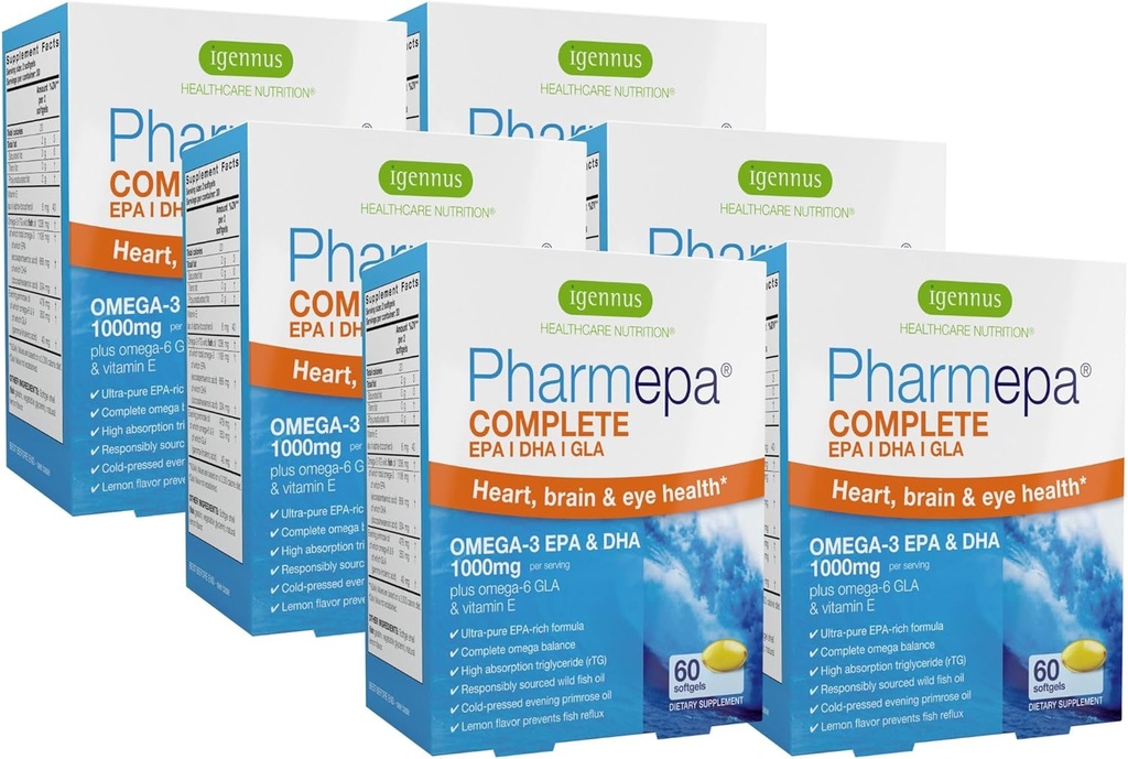 Igennus Pharmepa Complete EPA 668mg & DHA 334mg Omega-3 Acides gras 1000mg, IFOS Certifié, forme rTG, huile de poisson de haute puissance plus Omega-6 et 9 de GLA Huile de Primrose du soir, Saveur de citron, 360 Softgels