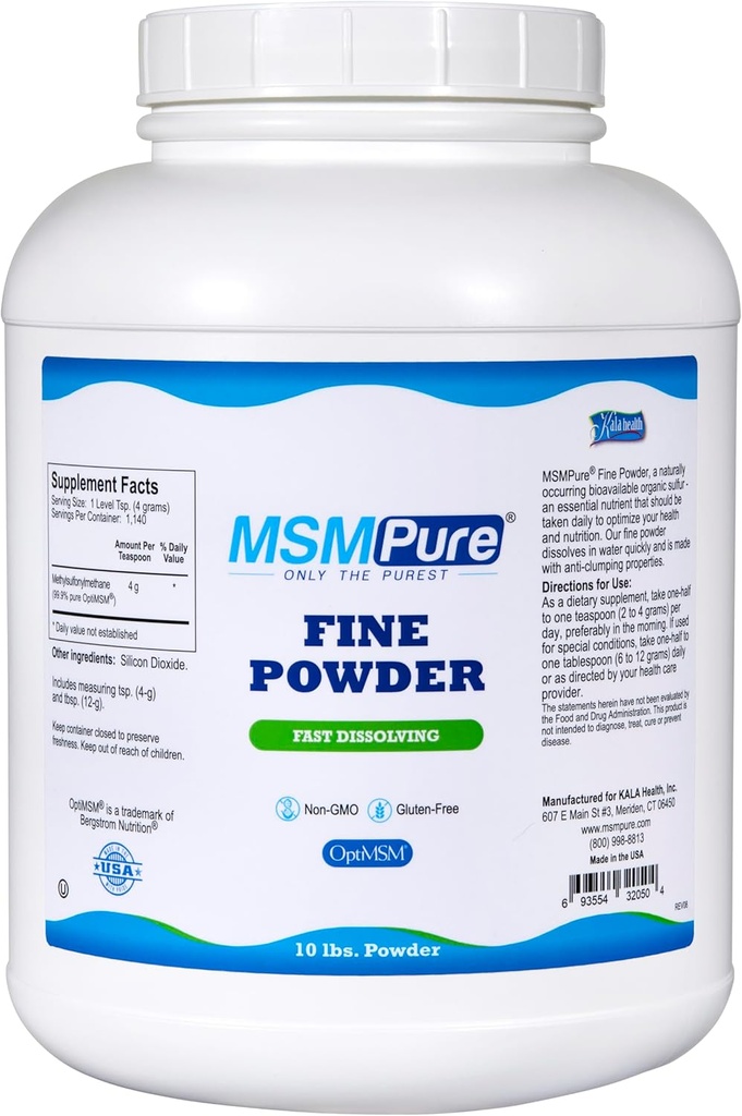 KALA SANTE MSMPure Dissolution rapide Fine MSM Powder Crystals – US-Fabriqué MSM pour la santé articulaire, l'apparence cutanée et le soutien des cheveux et ongles – 10 lb, soufre organique