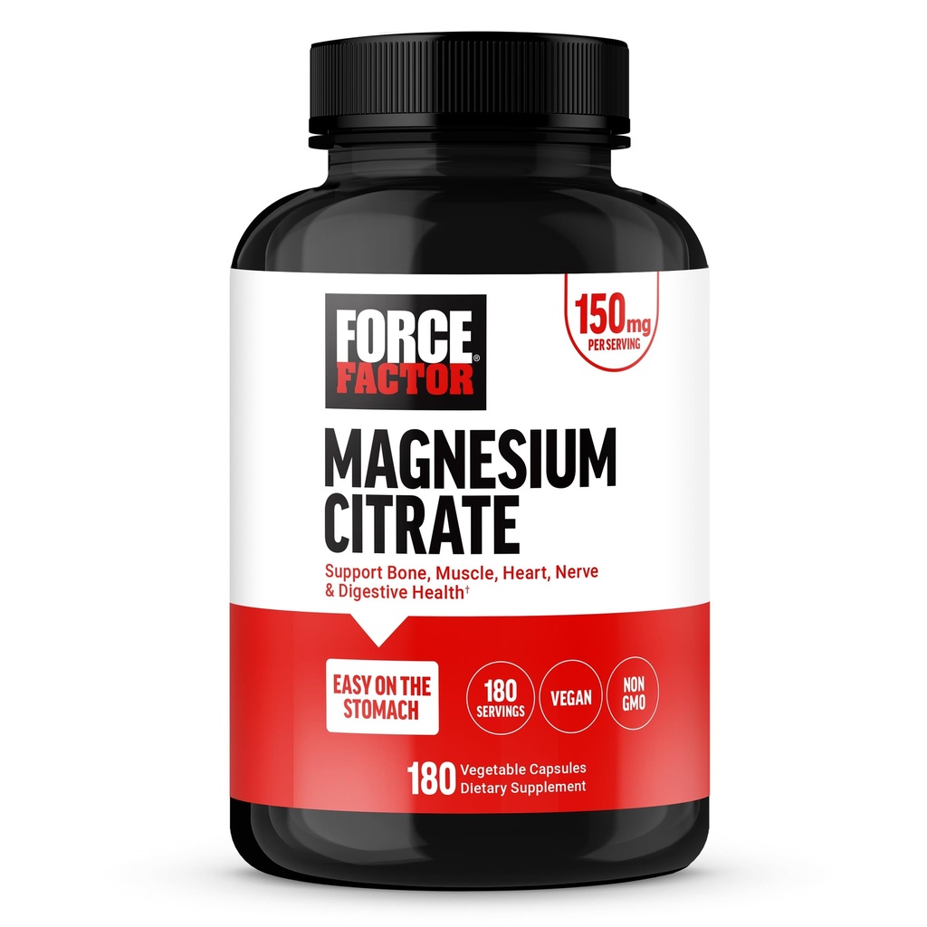 Facteur de force Citrate de magnésium, supplément de magnésium pour les femmes et les hommes pour soutenir les os, les muscles, les nerfs, la digestion et la santé cardiaque, facile sur l'estomac, végétalien, 6 mois d'approvisionnement, 180 capsules