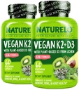 NATURELO Vitamine D3 K2 - Végétalien K2+D3 à base de plante D3 de Lichen - Supplément naturel D3 pour système immunitaire, soutien osseux, santé cardiaque - Aliments entiers - Non-OGM - Sans gluten, 60 capsules (paquet de 2)