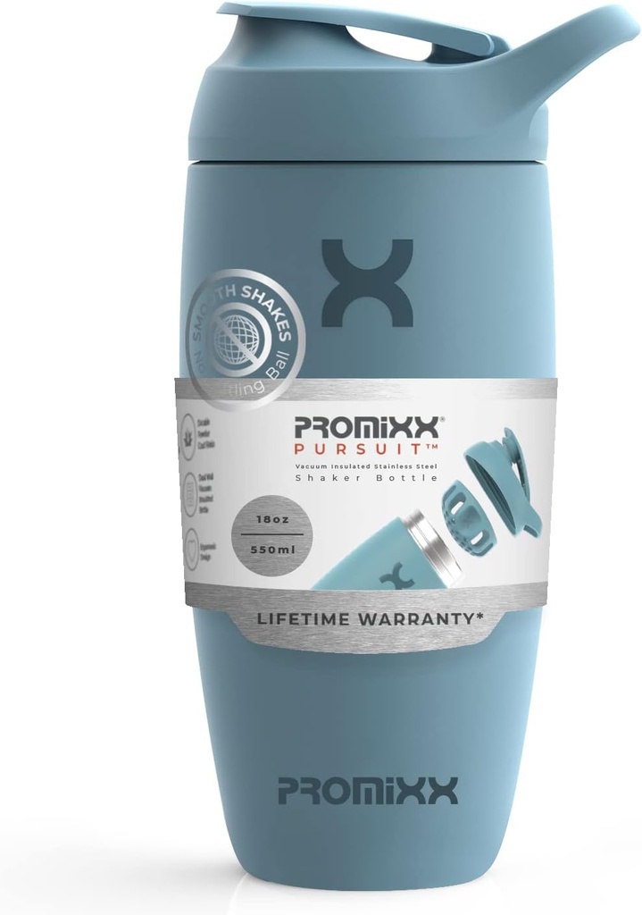 Promixx Pursuit Shaker bouteille en acier inoxydable isolé bouteille et shaker tasse, 18oz, Ocean Calm Blue