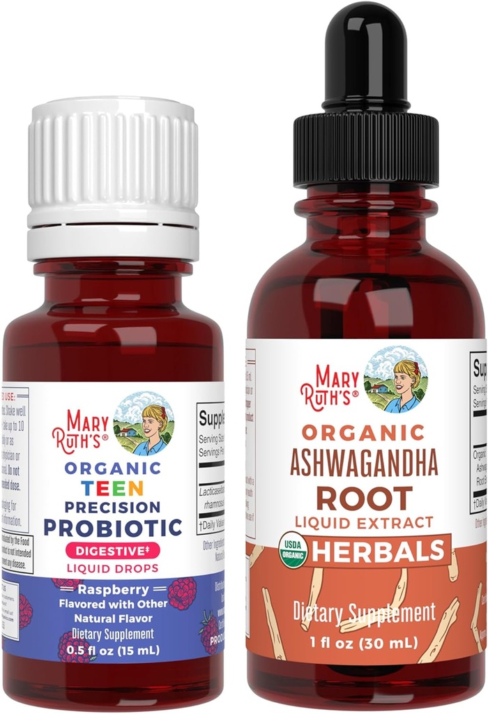 MaryRuth Organics Precision Probiotic Drops for Teens (Raspberry) & Ashwagandha Drops (en anglais seulement) USDA Organic (en anglais seulement) Vitamines pour la santé, la relaxation et le bien-être général