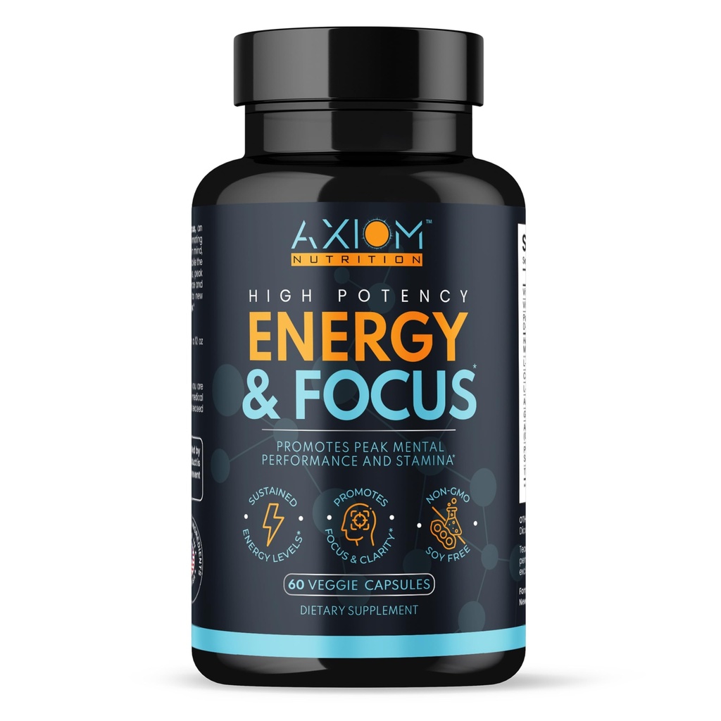 Energy and Focus - Extra Strength 200mg Caffeine and Lions Mane Mushroom Supplement, 60 Capsules - with Alpha GPC, L-Theanine, L-Tyrosine to Support Brain Function and Concentration