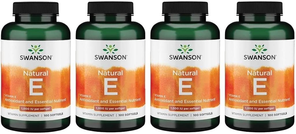 Swanson Vitamine E - Supplément de vitamine naturelle favorisant la santé cardiovasculaire - Formule naturelle offrant des tocophérols essentiels D-Alpha - (100 softgels, 1000 UI chacun) (4 pack)