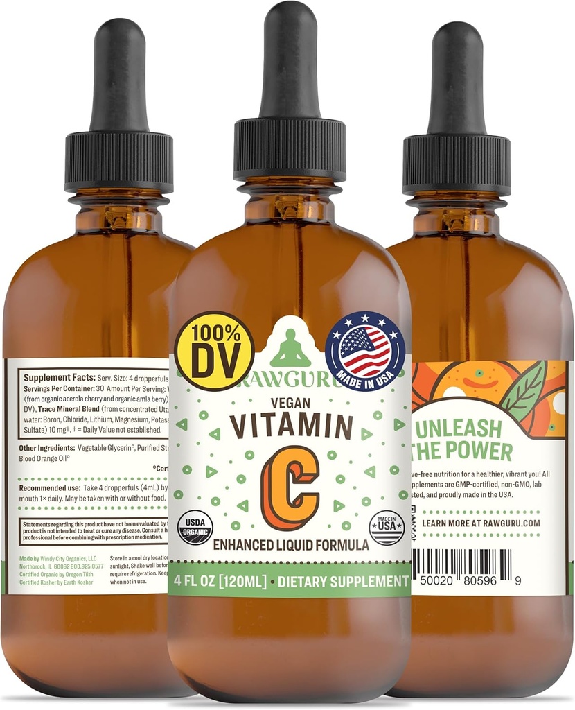 Teinture de vitamine C organique RawGuru - Vitamine C liquide avec minéraux traces - Nano-processé Antioxydant et supplément de soutien immunitaire Teinture - 30 portions de gouttes végétaliennes par 120 ml, boîte de 1