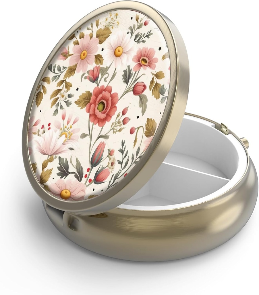 Pill Case Pill Box with Mirror Retro 3 Compartiment Petite Pill Case for Purse or Pocket Bronze Petite Pill Box or Vitamines, Huile de poisson, Suppléments, Pill Containe Travel Gifts (Retro Red Flowers)