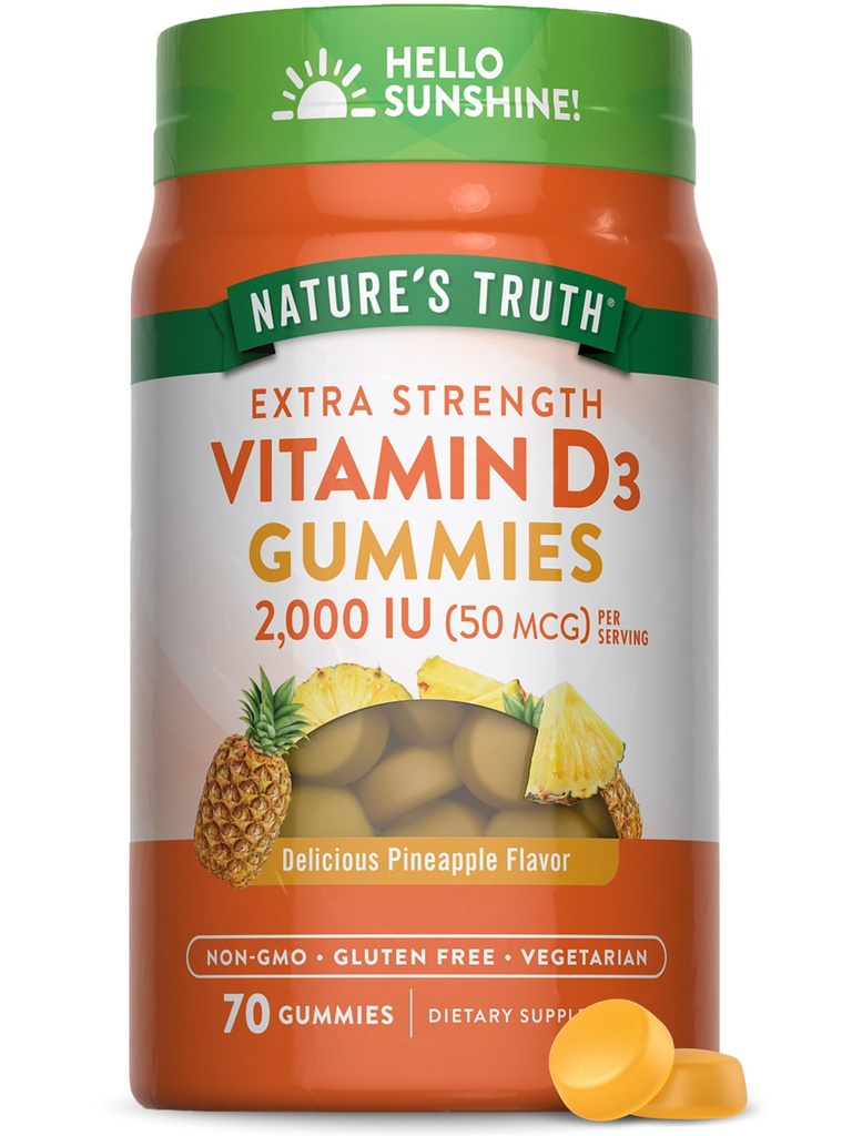 La vérité de la nature Vitamine D3 Gummies de 2000 UI de 70 Nombre d'ananas Saveur de l'ananas de 2000 Végétarien, Supplément sans OGM et sans gluten