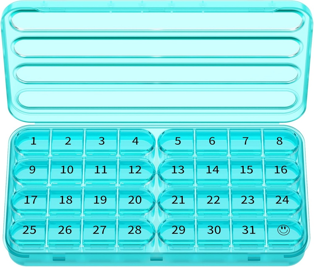 Zoksi Monthly Pill Organizer 1 fois par jour, 30 jours Pill Box Organizer, un mois cas de pilule pour les voyages, 31 jours conteneur médical quotidien pour les vitamines, suppléments et médicaments (Cyan)