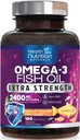 Omega 3 Huile de poisson 2400 mg - Supplément d'acides gras triples Omega3, EPA et DHA - Soutien naturel pour la santé immunitaire, cardiaque et cérébrale - Sauvage pris, non-OGM, citron, sans Burpless - 180 Softgels
