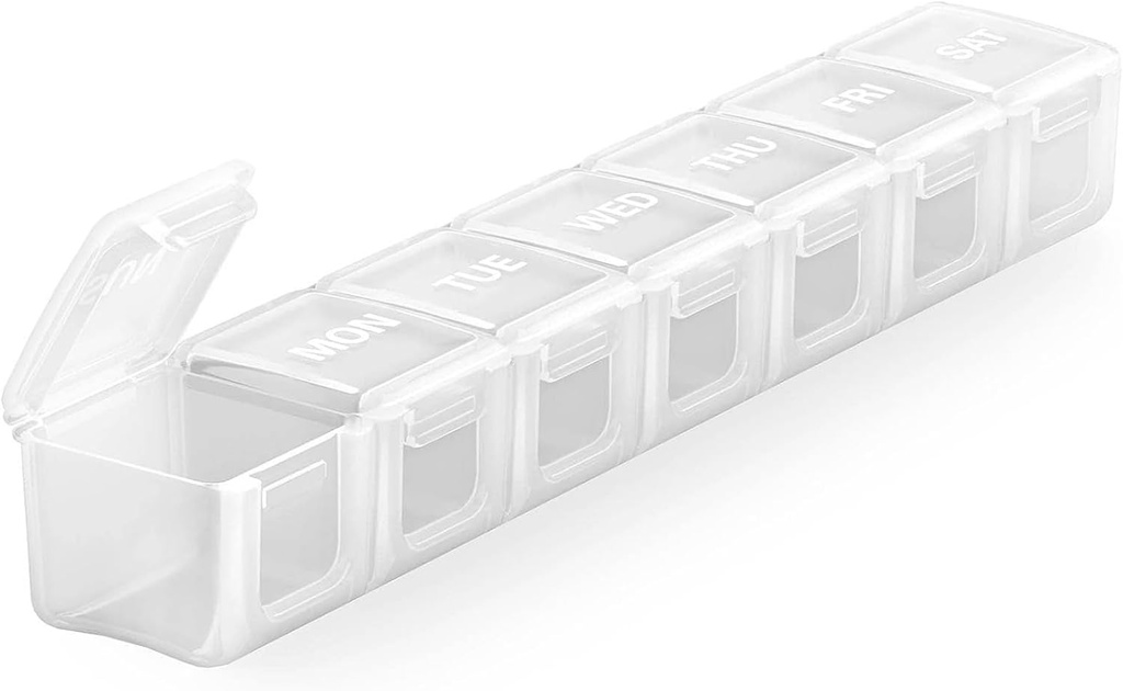 Sukuos Extra Large Weekly Pill Organizer, 7 jours Daily Pill Box Case Arthritis Friendly, sérigraphie Imprimé récipient de médecine avec un couvercle clair pour les vitamines, huiles de poisson ou suppléments (blanc)