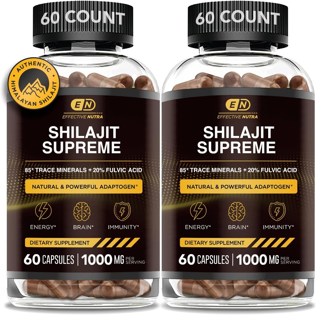 EFFICACE NUTRA Pure Shilajit Capsules pour hommes et femmes - Pure Himalayan Shilajit pour hommes et femmes - High in Trace Minerals & Fulvic Acid - 10000mg d'extrait de chilajit authentique par portion (120 comte)