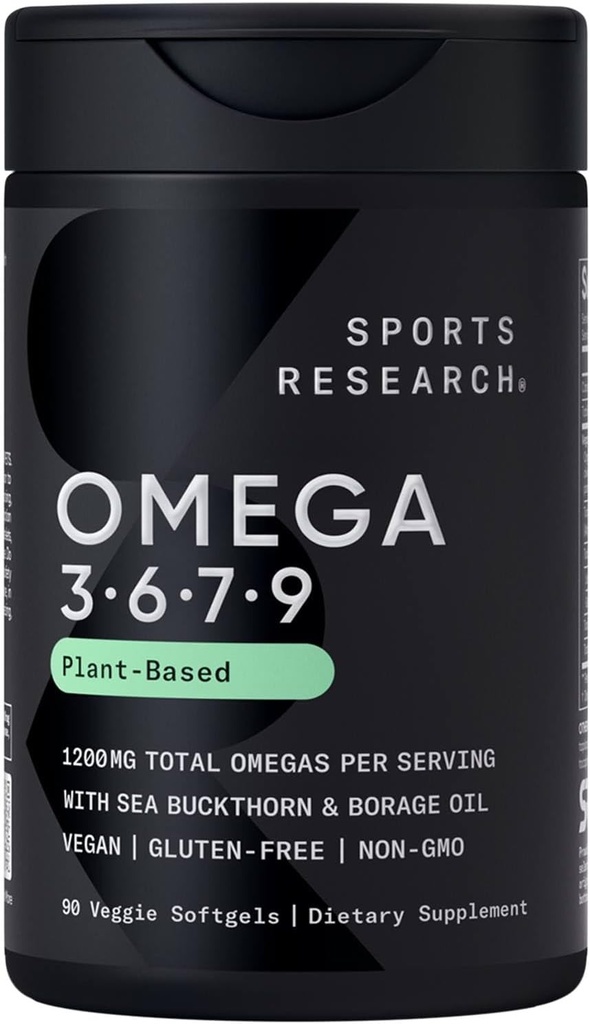 Sports Research® Vegan Omega 3-6-7-9 - 1200 mg d'acides gras oméga multi-spectrum Formule certifiée non-OGM avec écorce de mer et huile de borage - 90 softgels Veggie