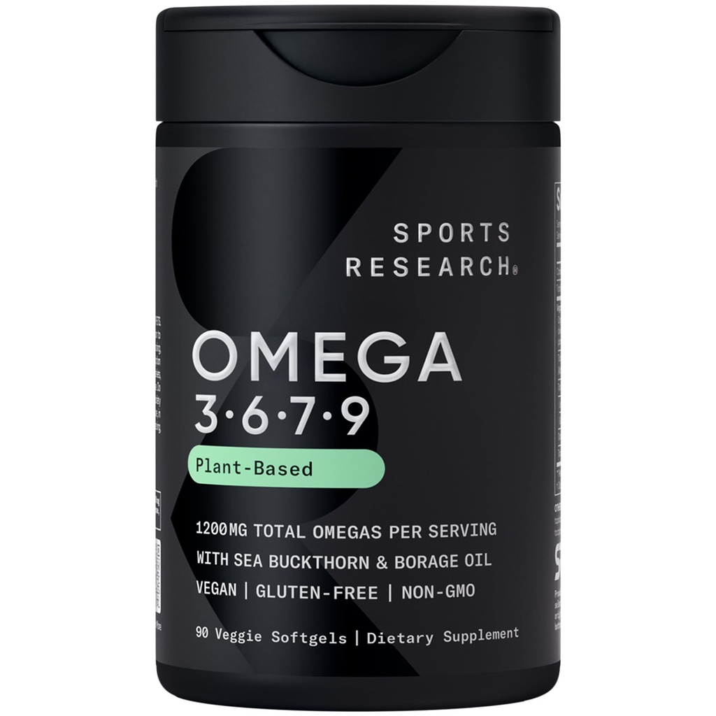 Sports Research® Vegan Omega 3-6-7-9 - 1200 mg d'acides gras oméga multi-spectrum Formule certifiée non-OGM avec écorce de mer et huile de borage - 90 softgels Veggie