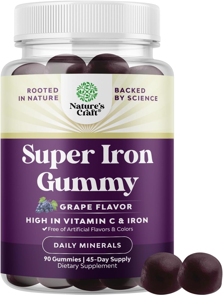 Extra Strength Iron Gummies for Women and Men - Potent 45mg per Serving Chewable Supplement for Women and Men with Vitamin C for Higher Absorption - Vegan Daily Iron Gummy No Artificial Flavors