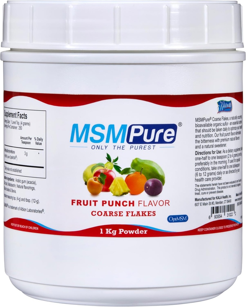 KALA Health MSMPure Fruit Punch Aromatisé MSM Flakes en poudre – US-Fabriqué MSM pour la santé articulaire, l'apparence cutanée et le soutien des cheveux et ongles – 2,2 lb, soufre organique