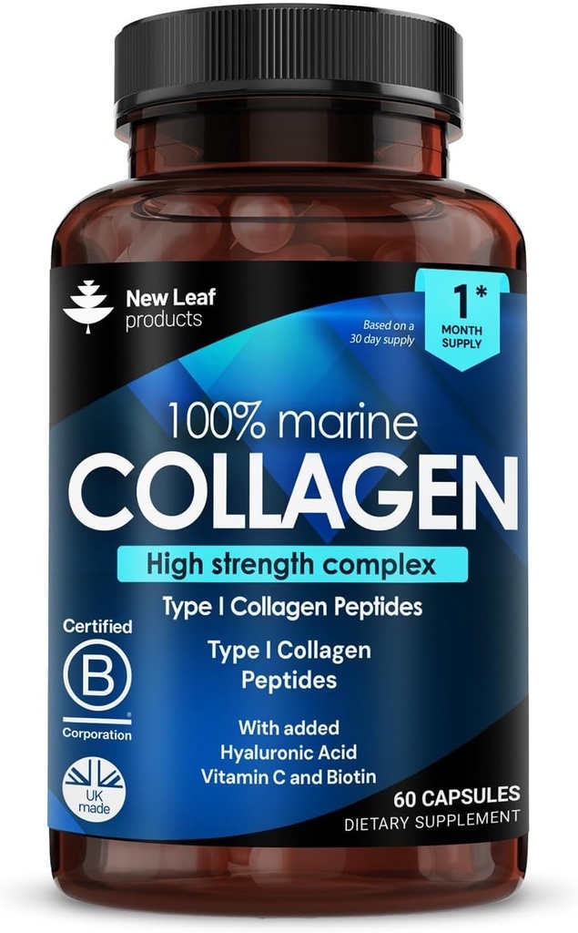 Collagène marin pur 100 % Collagène marin Type 1 1300mg - Peptides de collagène hydrolysé améliorés avec l'acide hyaluronique et la vitamine C, suppléments de collagène haute résistance pour les femmes et les hommes, 60 comprimés