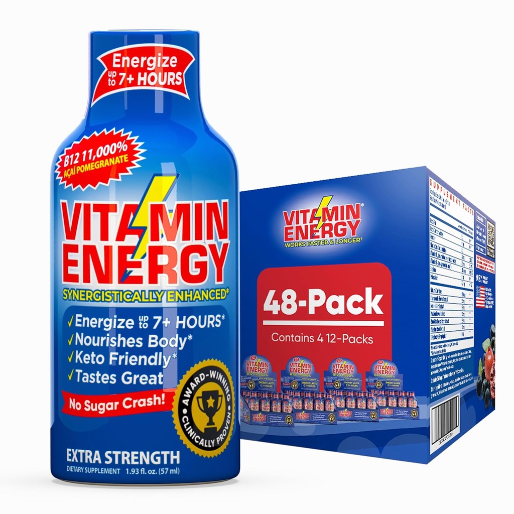 Vitamine Energy B12 11,000% Extra Strength Energy Shot Açaí grenade 48 Pack, 260mg Caféine naturelle, B12 & B6, Nootropic Focus, Vitalité, Zéro Sucre, Sans gluten, Vegan, Kosher, 1.93 fl oz