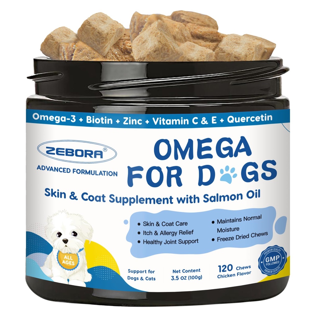 Omega 3 pour chiens avec huile de saumon, huile de poisson pour chiens supplément de peau et de manteau, anti-allergie pour chiens, traitement des taches chaudes, anti-séchage, soutien de la hanche et des articulations avec EPA & DHA, biotine, vitamine E