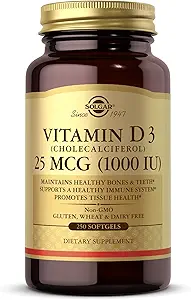 Solgar Vitamine D3 (cholecalciferol) 25 MCG (1000 UI), 250 Softgels - Aide à maintenir des os et des dents sains - Système immunitaire - Non-OGM, sans gluten, sans lait - 250 portions