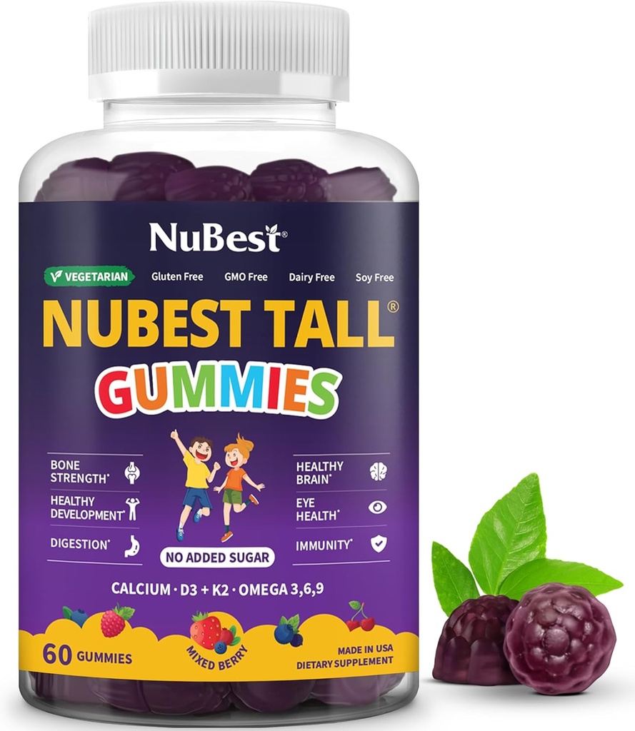 NuBest Gommies Tall pour les enfants Âge 2+ & Adolescents: Force osseuse, Immunité, Santé digestif avec Calcium, Vitamine D3, Complexe K2, B, Magnésium, Zinc Vitamines baies Gummies, Pas de sucre ajouté