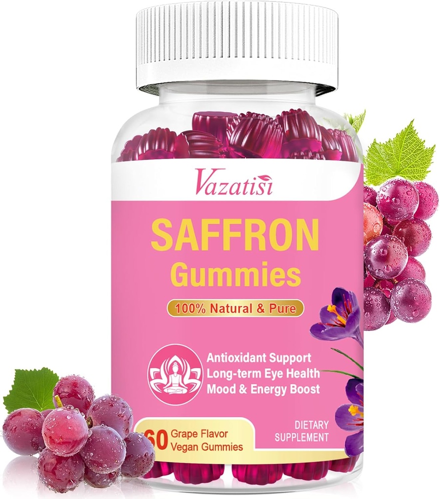 Gommies de safran naturel - Supplément de safran sans sucre avec extrait de safran 100 mg, Magnésium, GABA, Rhodiola - Mood-