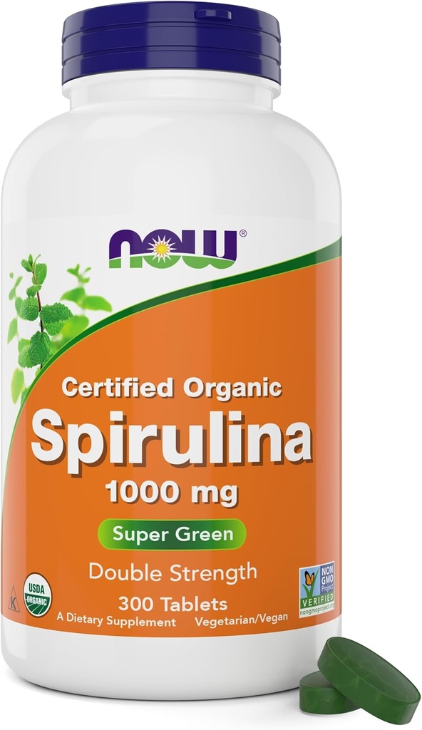 NOW Foods Organic Spirulina 1000mg Tablets - 300 Count - Non-GMO, Super Green Whole Food Supplement - Double Strength 1000 mg - Naturally Occurring Beta-Carotene (VIT A), B-12 and GLA