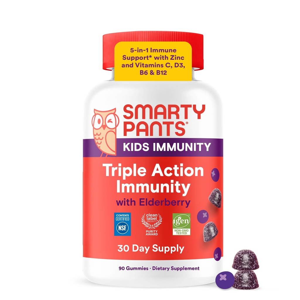 SmartyPants Enfants Immunity Elderberry Gummies: Supplément de soutien immunitaire pour enfants, Vitamine C, Vitamine D, Vitamines B6 & B12 et zinc, Sans gluten, Saveur de mûrier, 60 Comte (30 jours)