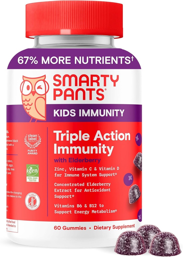 SmartyPants Enfants Immunity Elderberry Gummies: Supplément de soutien immunitaire pour enfants, Vitamine C, Vitamine D, Vitamines B6 & B12 et zinc, Sans gluten, Saveur de mûrier, 60 Comte (30 jours)