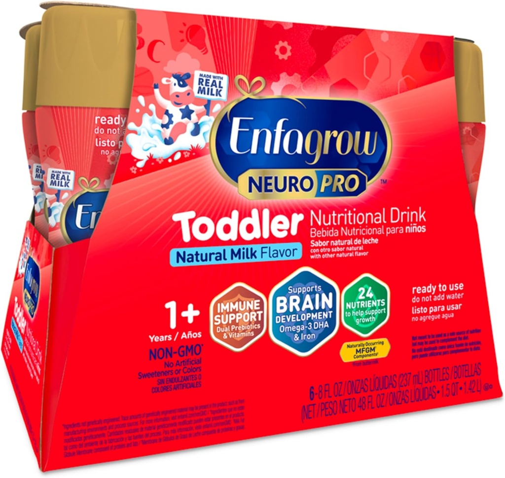 Enfagrow NeuroPro Toddler Boissons alimentaires, faites avec du vrai lait, Omega-3 DHA de construction cérébrale, nutriments et prébiotiques pour la croissance et le soutien immunitaire, non-OGM, poudre de lait pour nourrissons, 8 Fl Oz, 6 comte