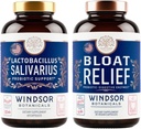 WINDSOR BOTANICALS Bloat Relief and Lactobacillus Salivarius Probiotic Capsules - Oral and IBS Support Bundle