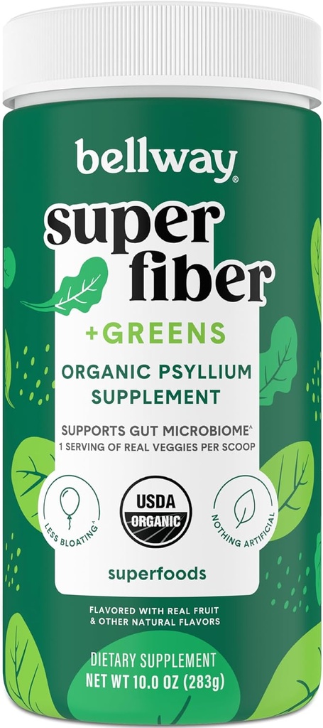 Bellway Super Fibre + Poudre de Verts, Psyllium sans sucre Husk Fibre Supplément poudre avec Super Greens (30 portions)