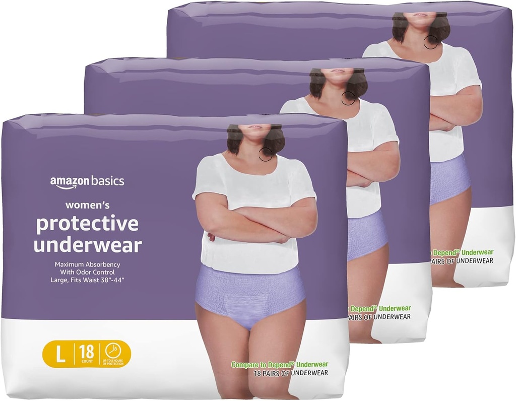 Amazon Basics Incontinence Sous-vêtements pour femmes, Protection, Jetable, Postpartum, Absorbance maximale, Large, Lavande, 54 Compte (3 paquets de 18)
