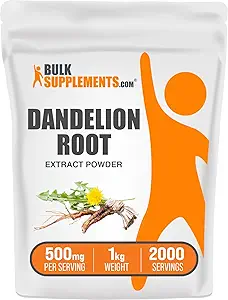 BulkSupplements.com Poudre d'extrait de racine de dandelion - Supplément de racine de dandelion, supplément à base de plantes - Vegan & Gluten Free, 500mg par portion, 250g (8,8 oz) (paquet de 1)