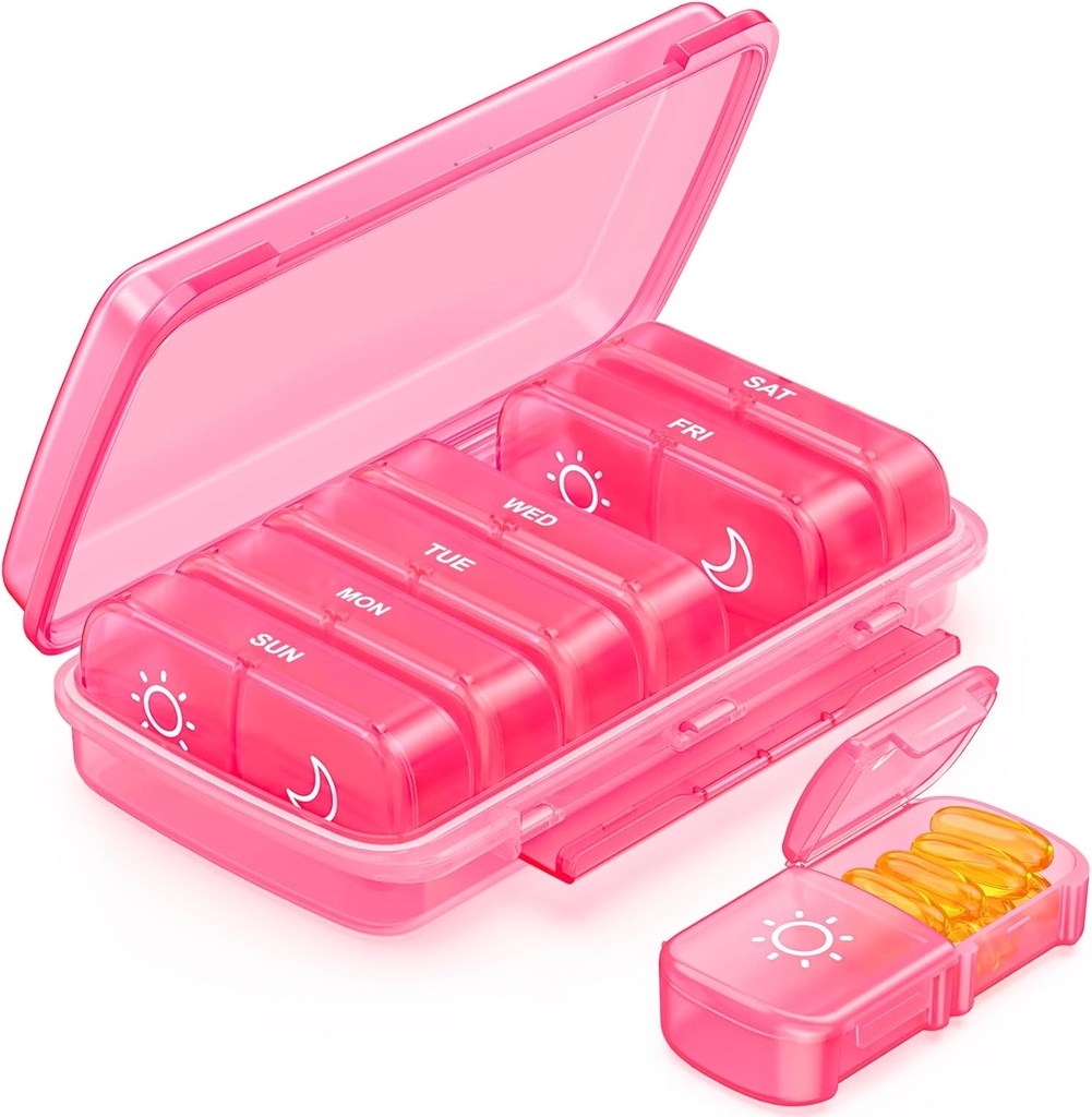 Organisateur hebdomadaire de pilules 2 fois par jour avec un design résistant à l'humidité, rose AM PM Pill Box 7 jours pour le remplissage facile, coque de pilule portable pour le voyage, grand support de pilule pour la vitamine, huile de poisson, supplément