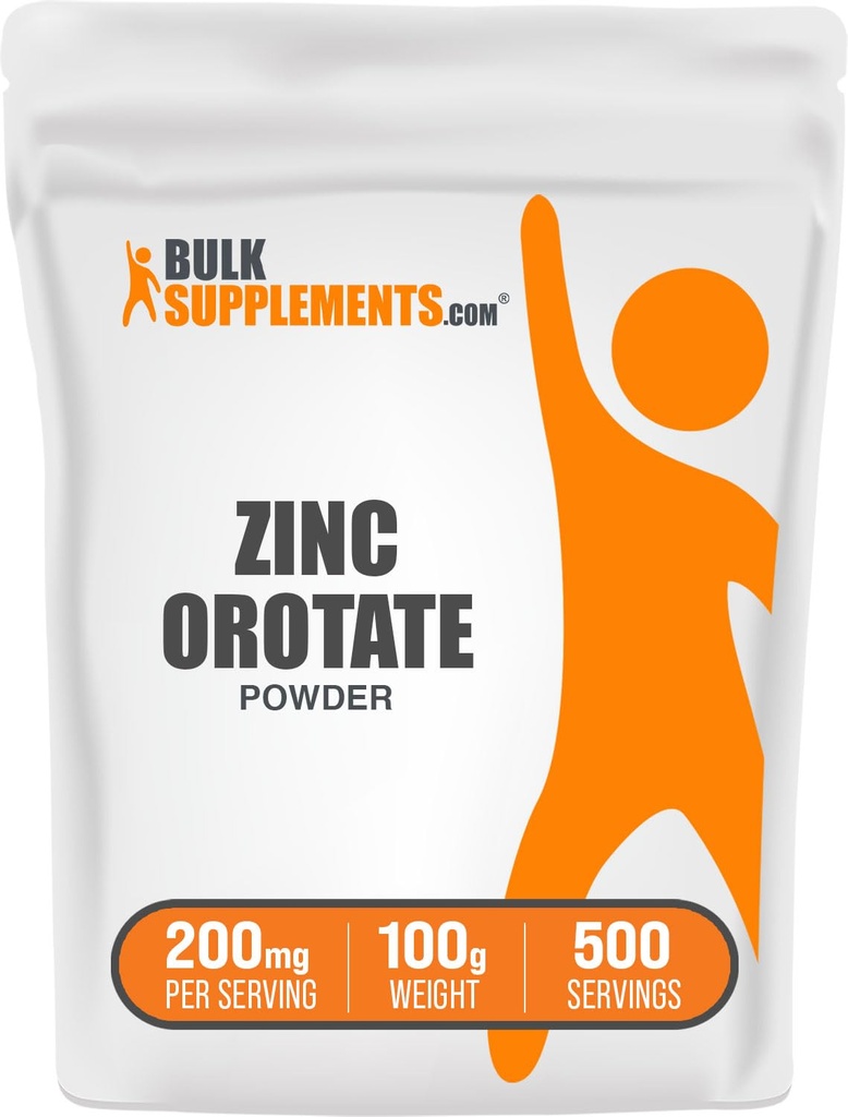 BulkSupplements.com Poudre d'orotate de zinc - supplément de minéraux de zinc, pour support immunitaire - sans gluten, 200mg par portion, 100g (3.5 oz) (paquet de 1)