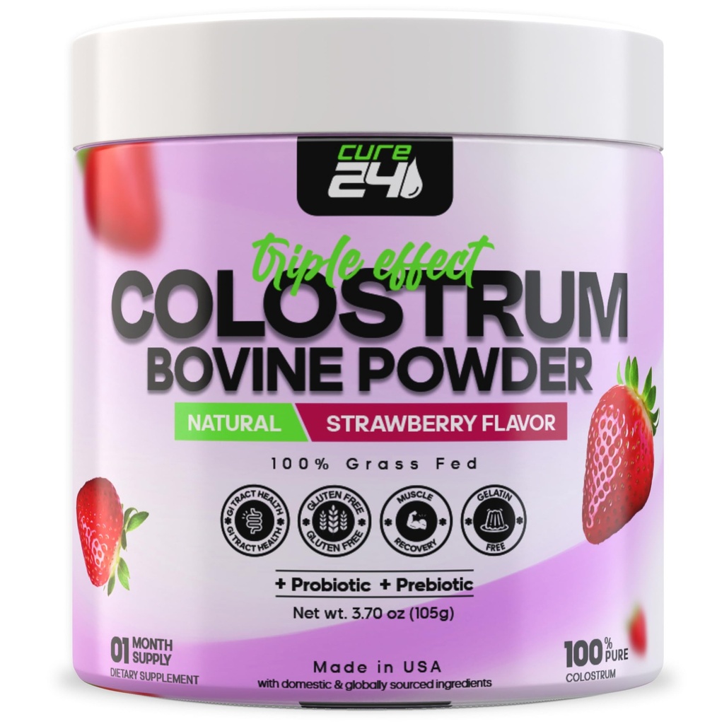 Bovine Colostrum X3 Supplement Powder for Humans, 100% Pure Whole Natural Grass Fed Superfood, High IgG, Plus Probiotic & Prebiotic, Unflavored, Made in USA (Strawberry)