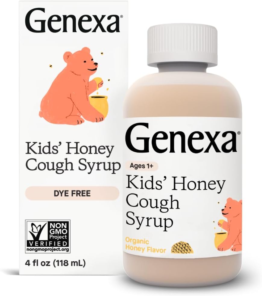 Genexa Kids.Syrop de toux au miel biologique, sans colorant, 0% Additifs artificiels, traitement de la toux pour enfants 2-11, Saveur naturelle apaisante au miel, sans gluten et sans OGM 4 fl oz