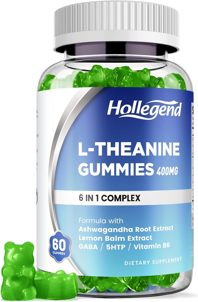 L-Theanine Gummies, l'theanine 400mg avec Ashwagandha, GABA, 5HTP, L-Theanine Supplément à croquer pour la détente, Zzz & Focus Support, Vegan, Lemon Flavor, 60 comtes