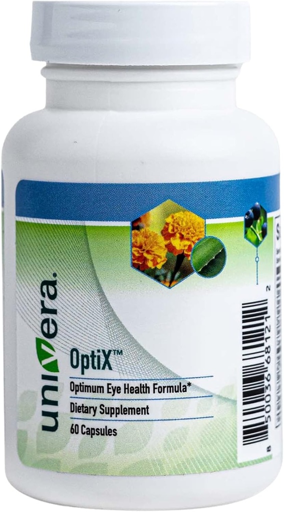Univera OptiX, Vitamines oculaires, Lutéine, Zeaxanthine, Vitamine C, Zinc, Beta Carotène, Bilberry, Sélénium, soutient les souches oculaires, maintient une lentille oculaire saine, 30 jours d'approvisionnement