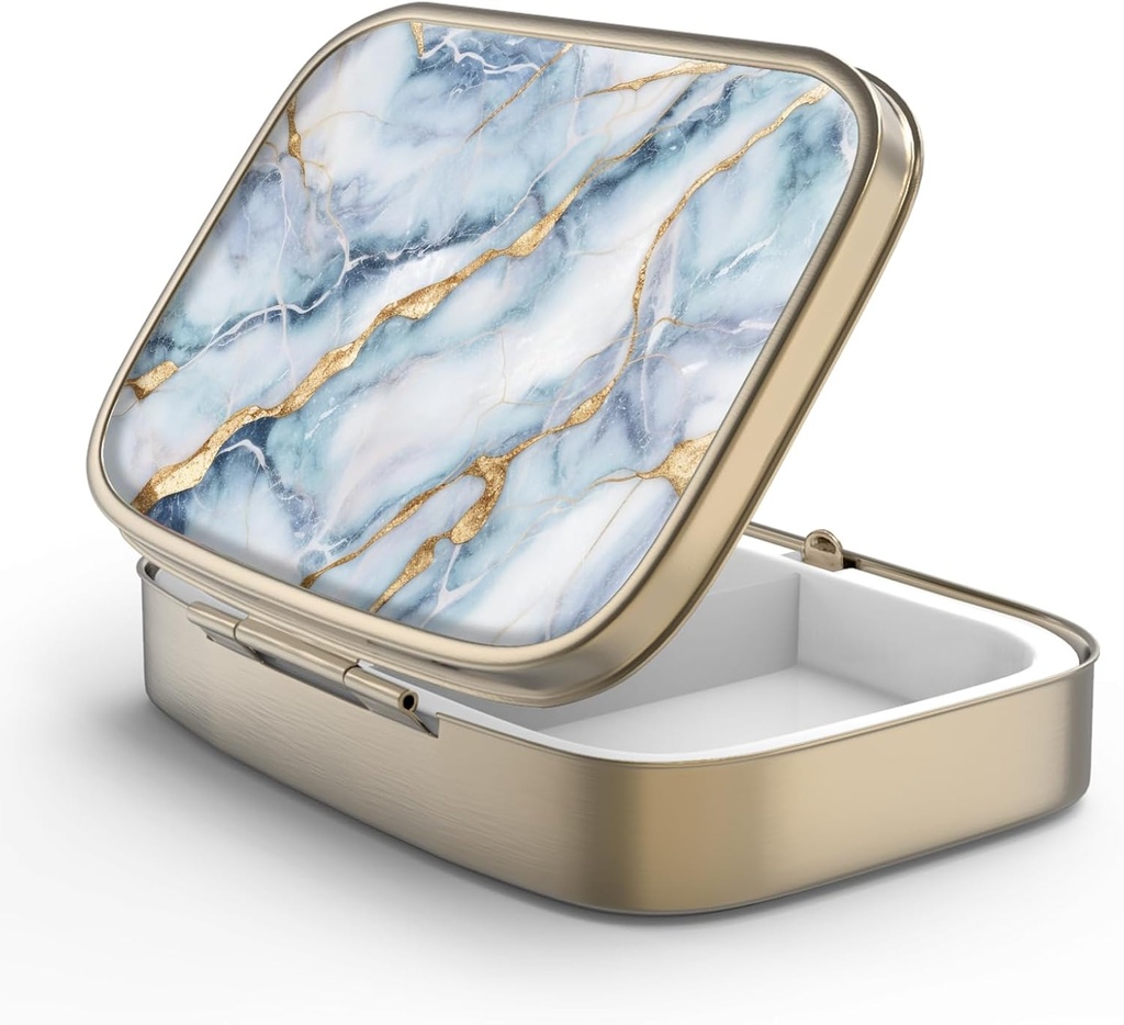 Pill Case Pill Box with Mirror Retro 2 Compartiment Petite Pill Case for Purse or Pocket Bronze Pill Box or Vitamines, Huile de poisson, Suppléments, Pill Containe Travel Gifts (Marble Bleu Blanc)