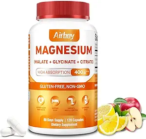 Airboy Magnésium Mineral Suppléments Triple Magnésium Complex Supplément, 400mg de Magnésium Glycinate, Malate, Citrat, Soutien à haute absorption Sommeil, Muscle et Relaxation,120 Capsules Vegan