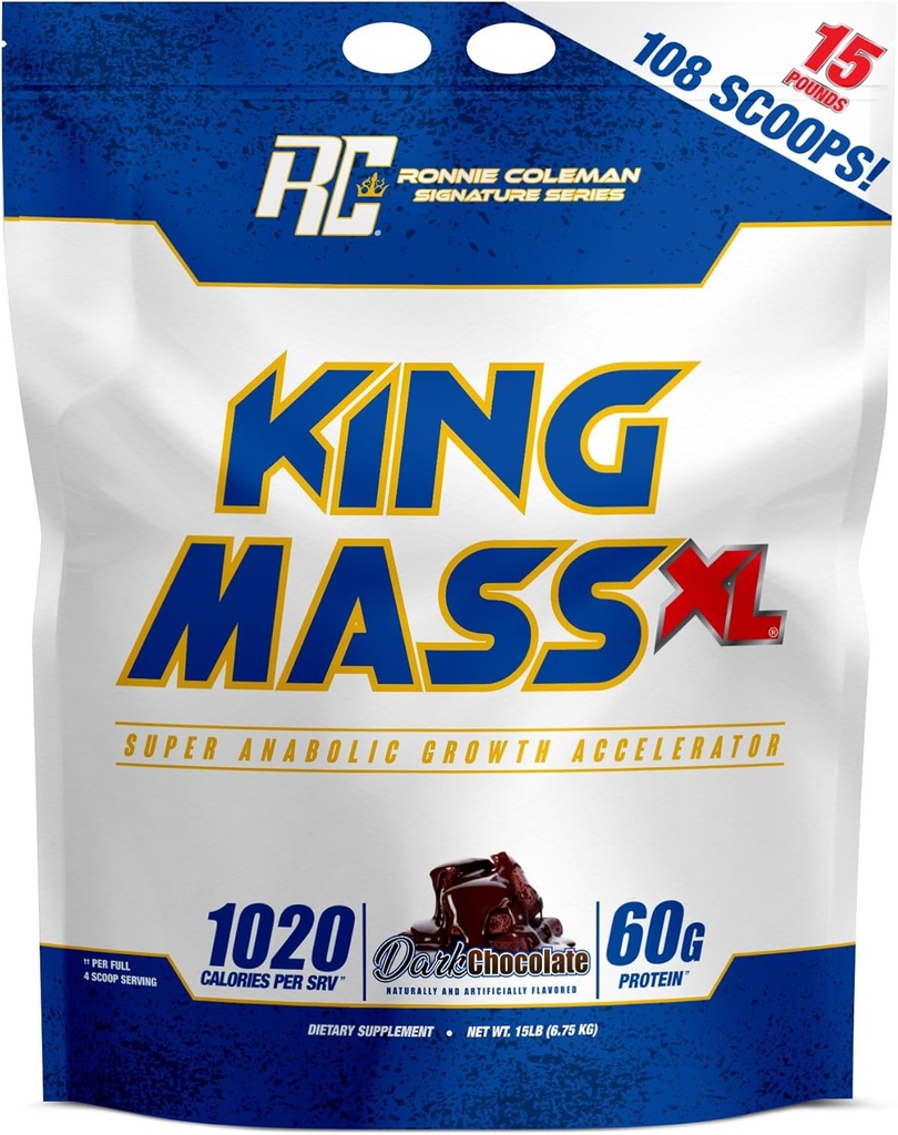 Ronnie Coleman Série Signature King Mass XL Mass Gainer Protéines Poudre, Gaineur musculaire, 60g Protéines, 180g Glucides, 1000+ Calories, Créatine et Glutamine, Chocolat Noir, 15 Pound