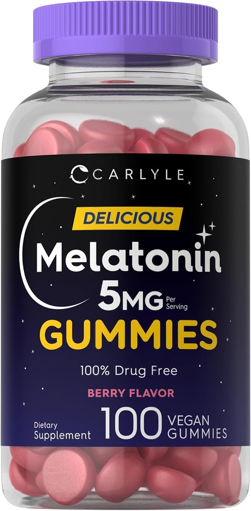 Carlyle Melatonin 5mg Gummées (100) Comte (100) Berry Flavor (100 %) Sans médicament (100 %) Non-OGM, Supplément sans gluten