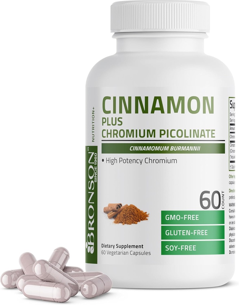 Supplément de picolinate de chrome Bronson Cinnamon Plus, chrome de haute puissance, non-OGM, 60 capsules végétariennes