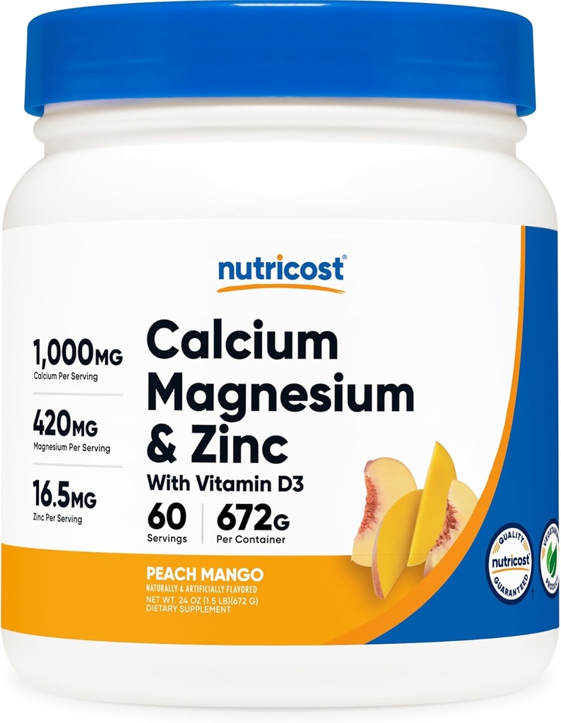 Nutricost Zinc de magnésium de calcium avec de la vitamine D3 en poudre, 60 portions (mangue de pêche) - Calcium (1000 MG) Magnésium (420 MG) Zinc (16,5 MG) Vitamine D3 (30 MCG) - Sans gluten, sans OGM