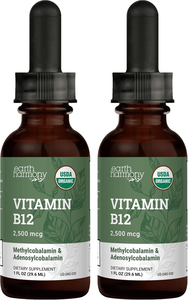 USDA Vitamine biologique B12 2000mcg Supplément liquide sublingual (2-Pack) - gouttes de méthylcobalamine végétalienne pour l'énergie naturelle, maintenir le métabolisme et le système immunitaire - 1 Fl Oz